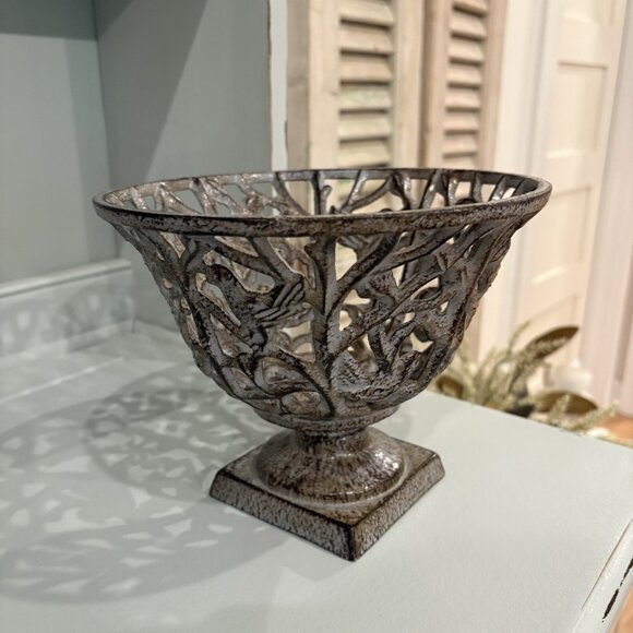 Cast Iron Grey Bird Branch Pedestal Planter Decorative Freestanding Basket - Picture 1 of 6